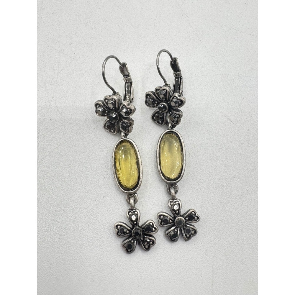 Vintage Style Marcasite Flower Yellow Cabochon Drop Earrings Silver Tone